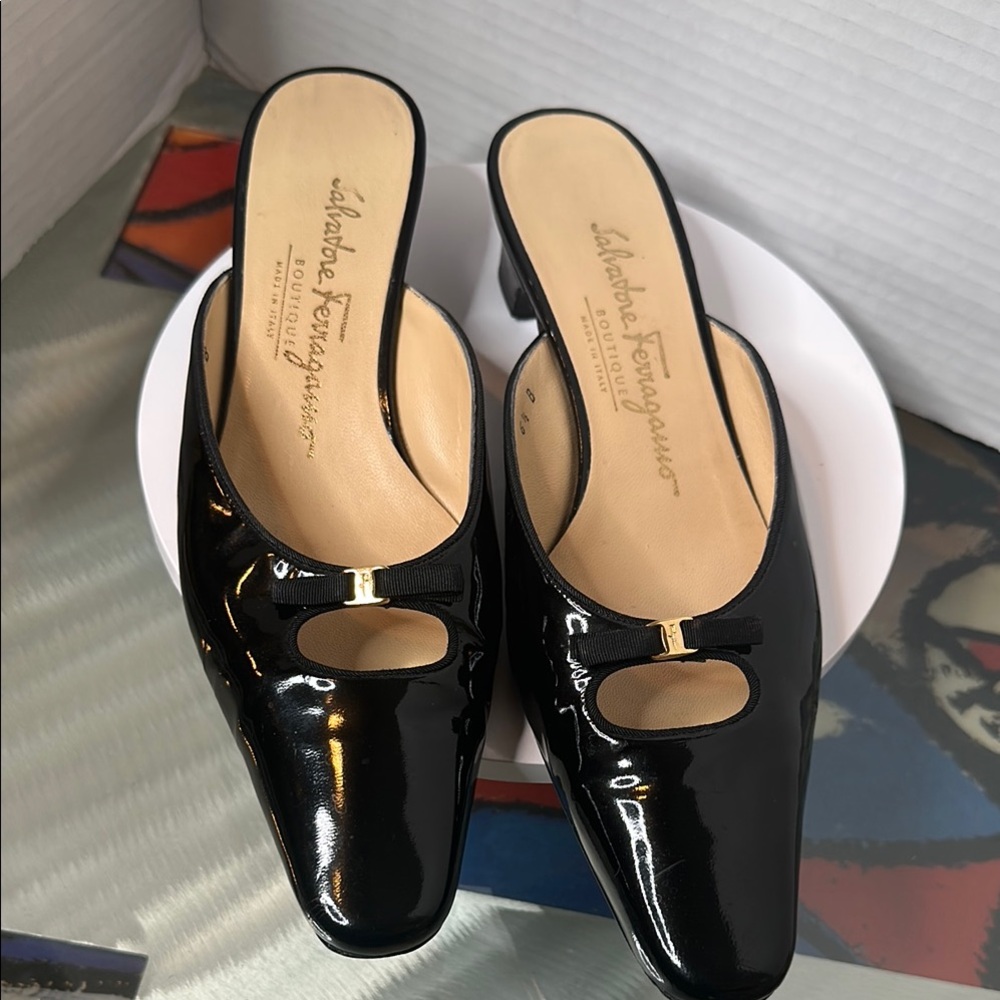 Salvatore Ferragamo Black Patent Leather Mules with Metal Detail